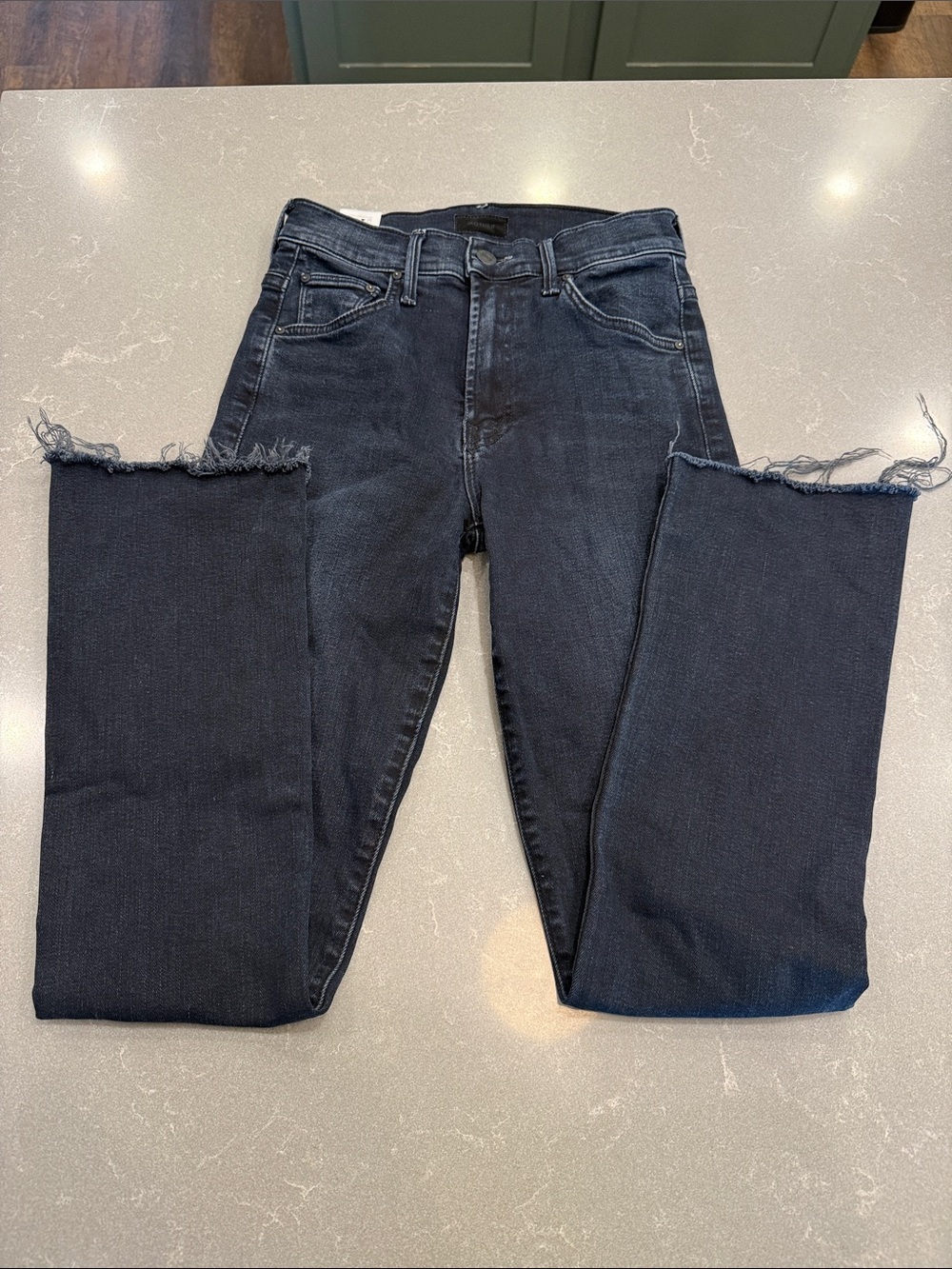 MOTHER High-Rise Jeans in Dark Indigo with Raw Hem